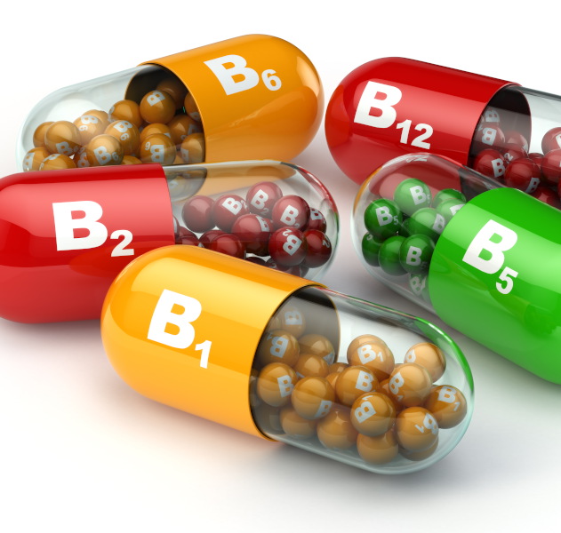 A collection of B1, B2, B5, B6, and B12 capsules.